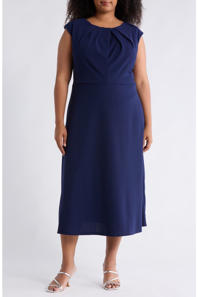 Pleated Neck Scuba Knit Midi Cocktail Dress, Main, color, NAVY