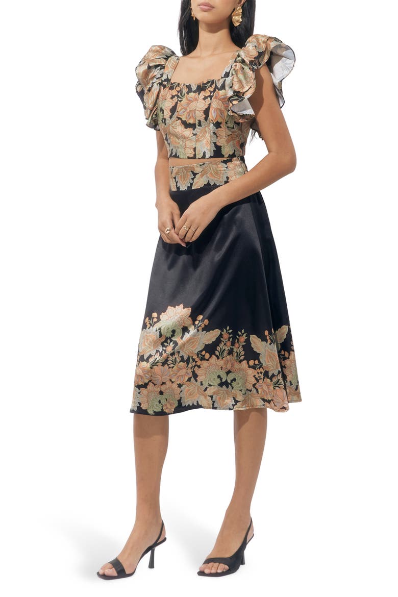 Milan Floral Top & Border Print Skirt Set, Alternate, color, BLACK/GOLD