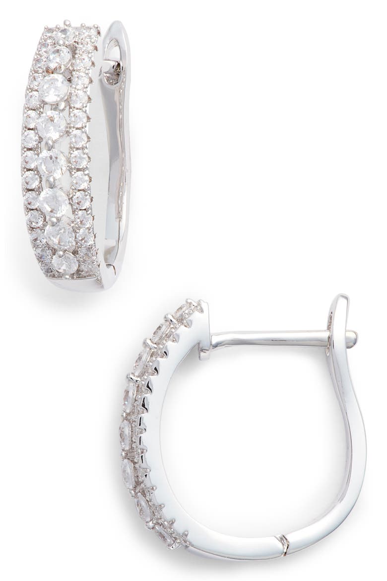 Crystal Huggie Hoop Earrings, Main, color, CLEAR/ SILVER