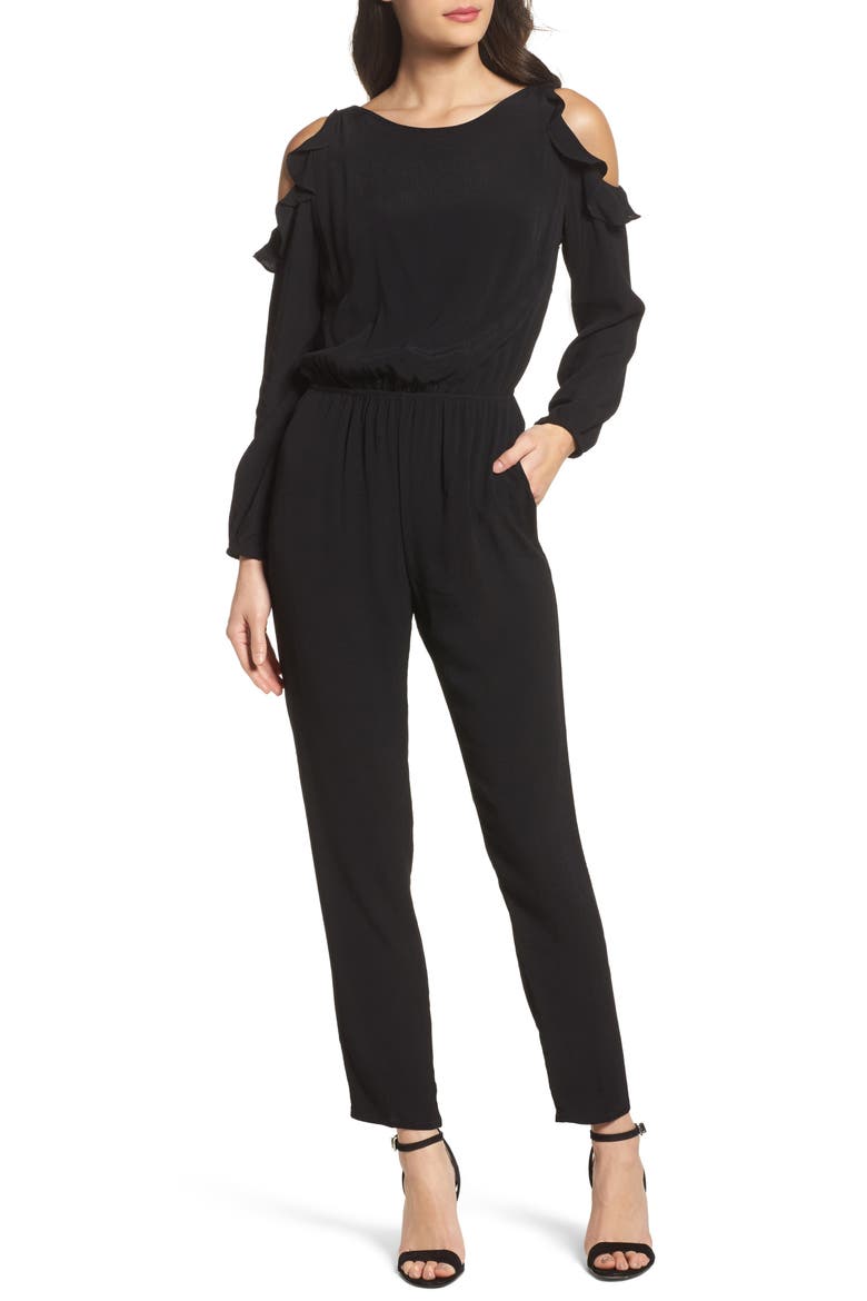 Ruffle Cold Shoulder Jumpsuit, Main, color, BLACK