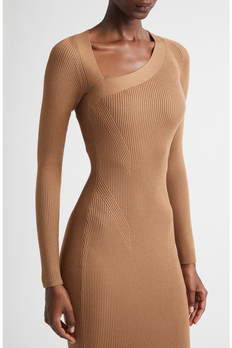 Zeta Asymmetric Neck Long Sleeve Dress, Alternate, color, CAMEL