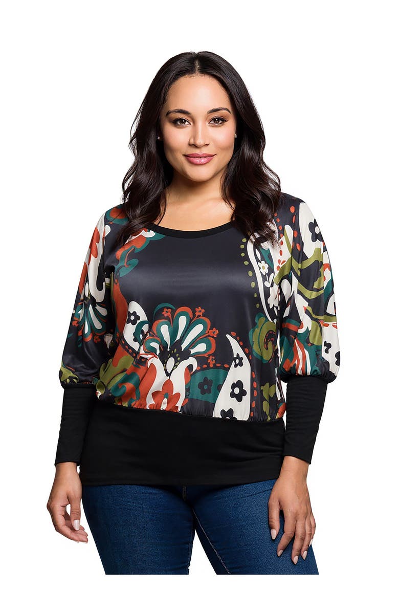 24seven Comfort Apparel Curvy Essential Paisley Print Dolman Sleeve Banded Top, Main, color, Grey Multi