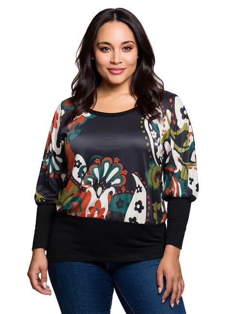 Curvy Essential Paisley Print Dolman Sleeve Banded Top