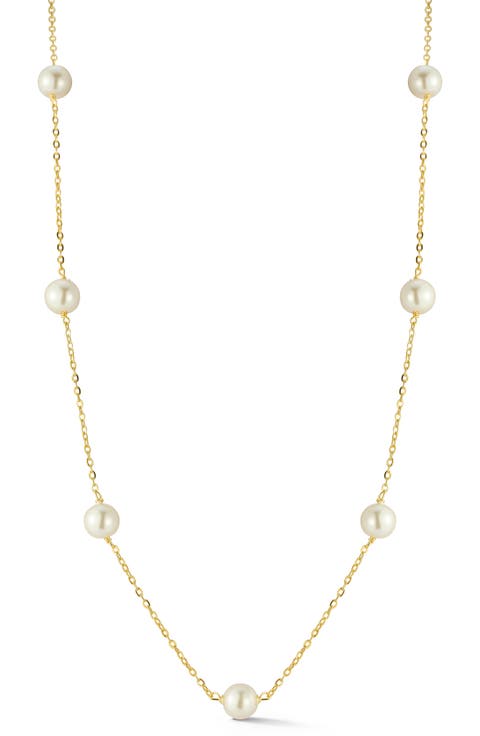 14K Gold Plated Silver Cultured Pearl Station Necklace