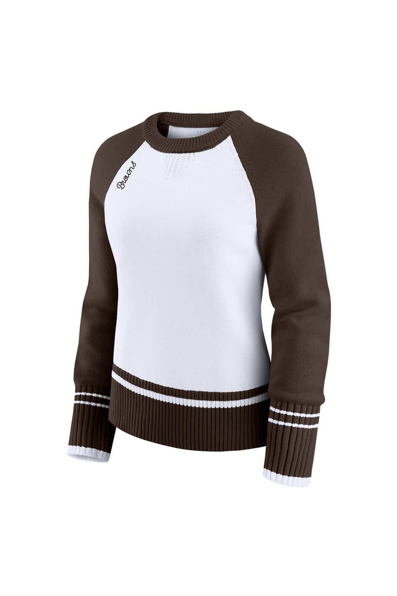 Women's WEAR by Erin Andrews White/Brown Cleveland Browns Colorblock Raglan Sweater, Alternate, color, White