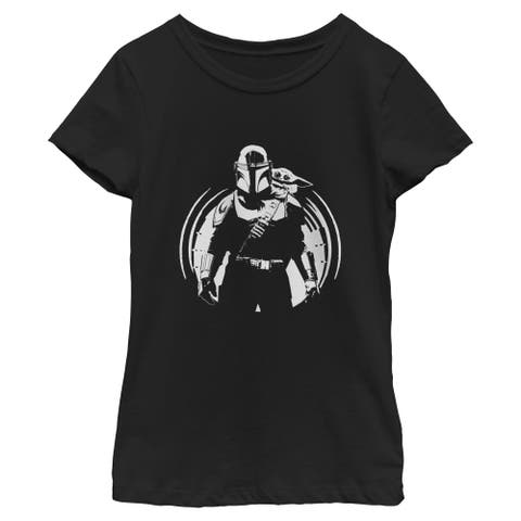 Girl's Star Wars The Mandalorian and Grogu Black and White Sketch  Graphic T-Shirt