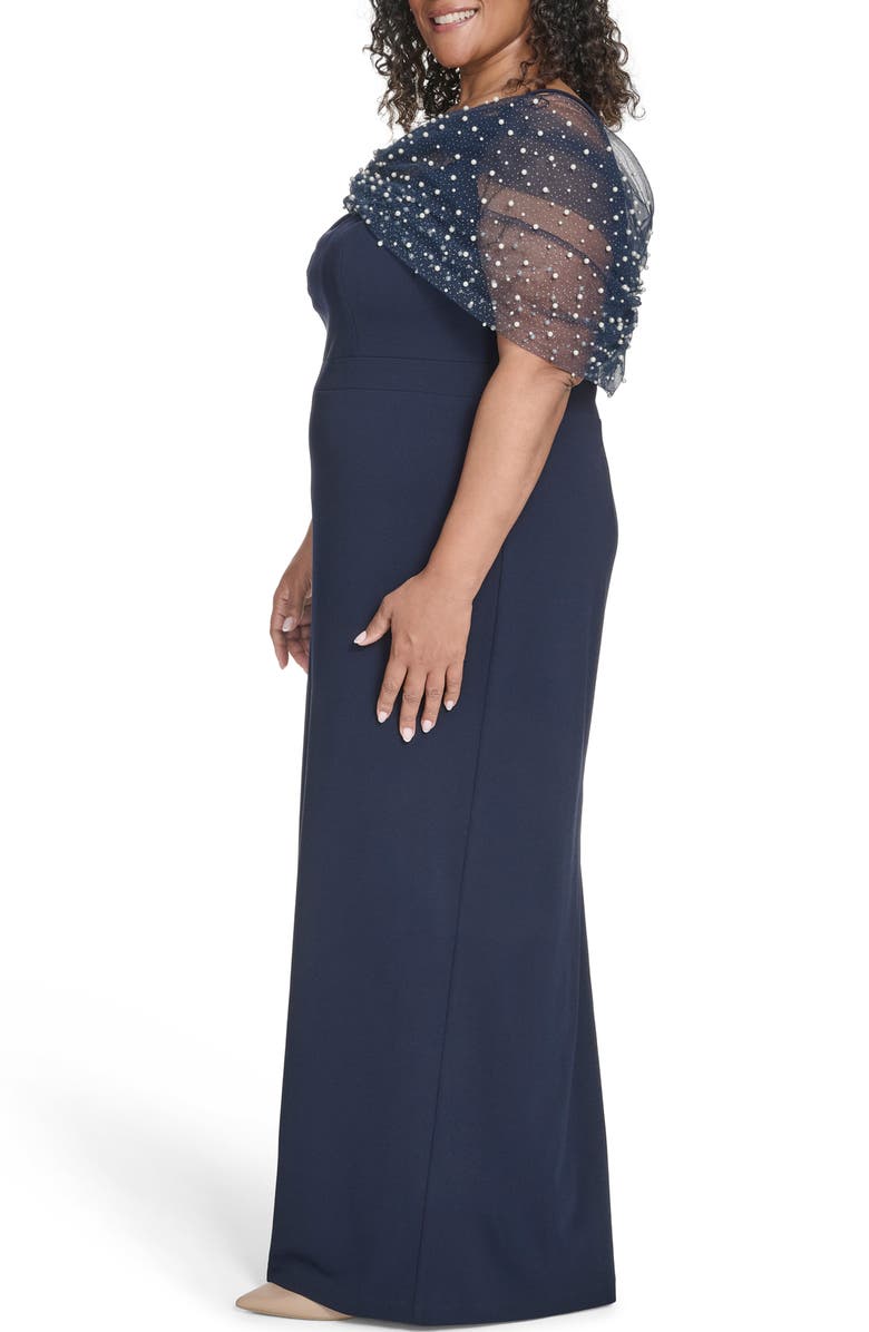 Eliza J Beaded Mesh Overlay Crepe Column Gown, Alternate, color, Navy