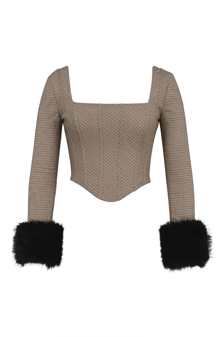 Antonia MIcrocheck Faux Fur Cuff Corset Top, Alternate, color, BROWN CHECK