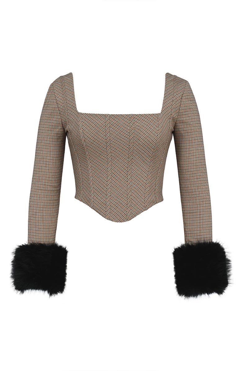 HOUSE OF CB Antonia MIcrocheck Faux Fur Cuff Corset Top, Alternate, color, Brown Check
