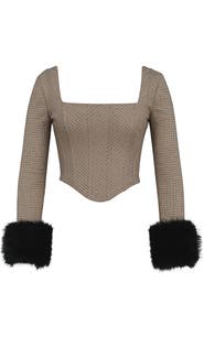 HOUSE OF CB Antonia MIcrocheck Faux Fur Cuff Corset Top