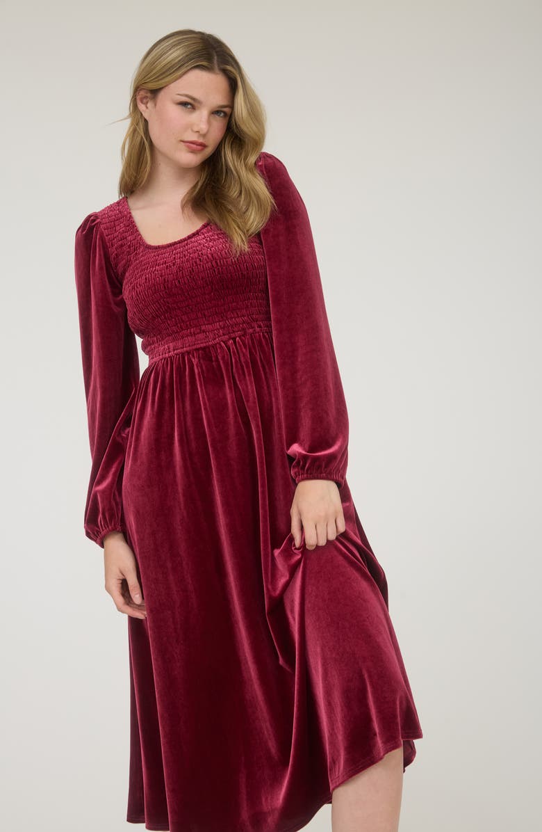 AUGUST SKY Long Sleeve Smocked Velvet Midi Dress, Alternate, color, Burgundy