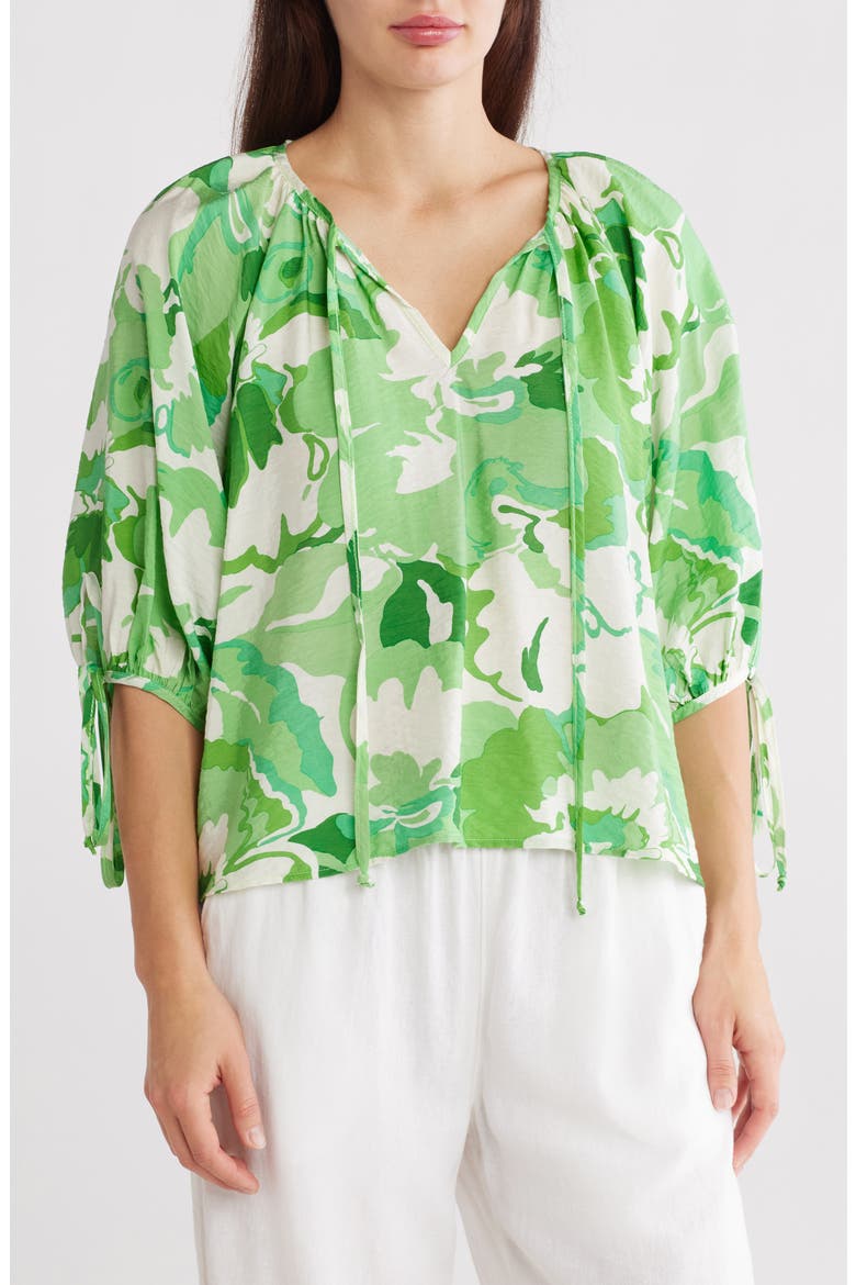 Floral Puff Sleeve Blouse, Main, color, GREEN