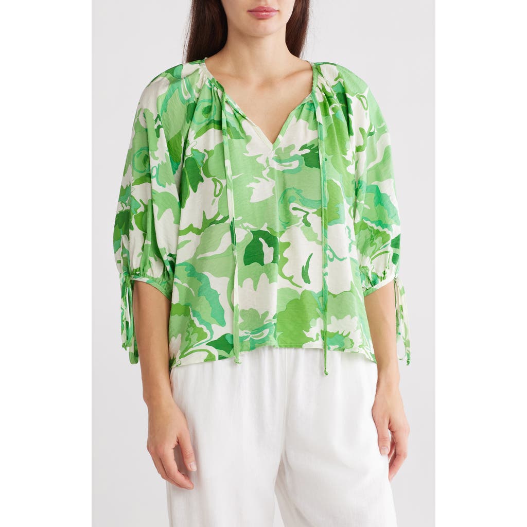 Shop Renee C Floral Puff Sleeve Blouse In Green