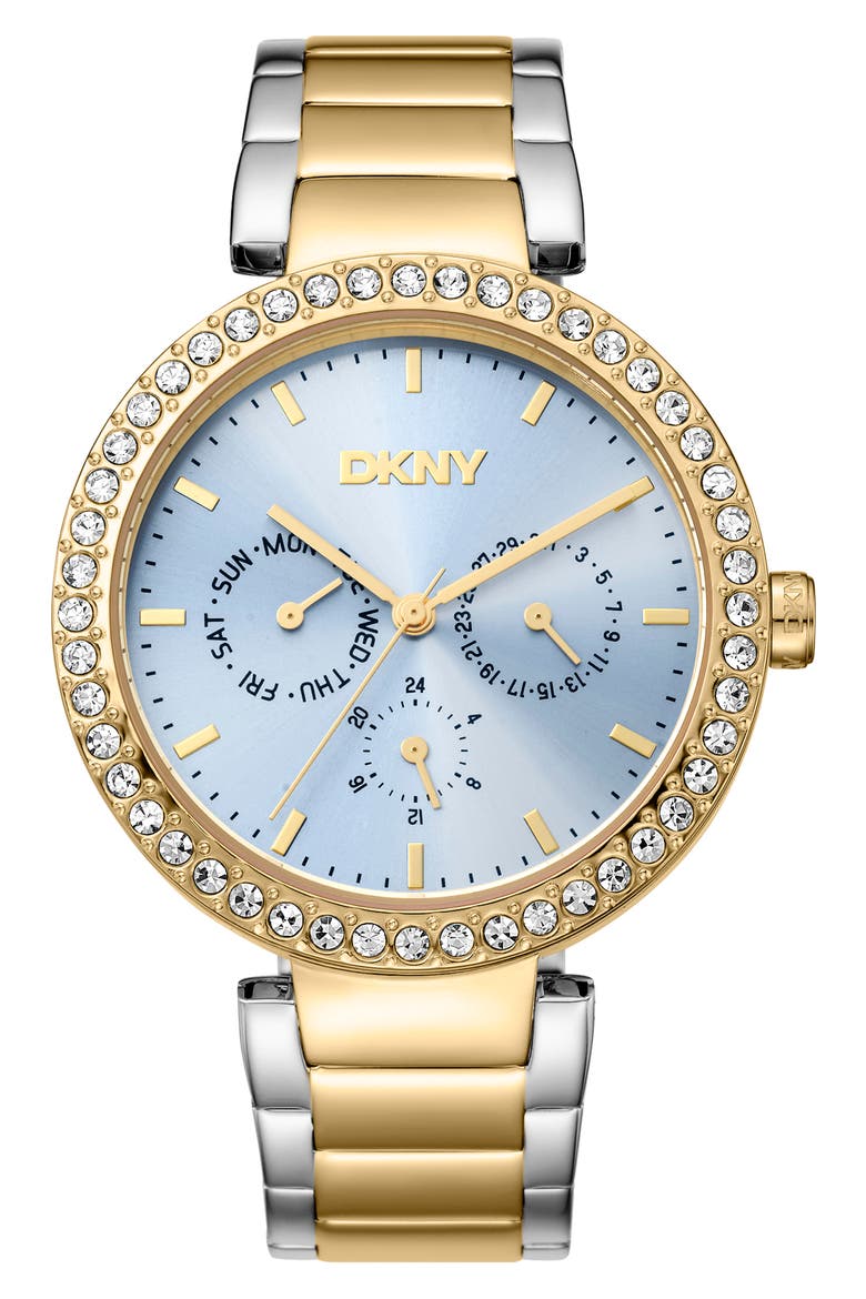 Two Tone Crystal Embellished Bracelet Watch, 40mm, Main, color, TWO TONE SILVER AND GOLD