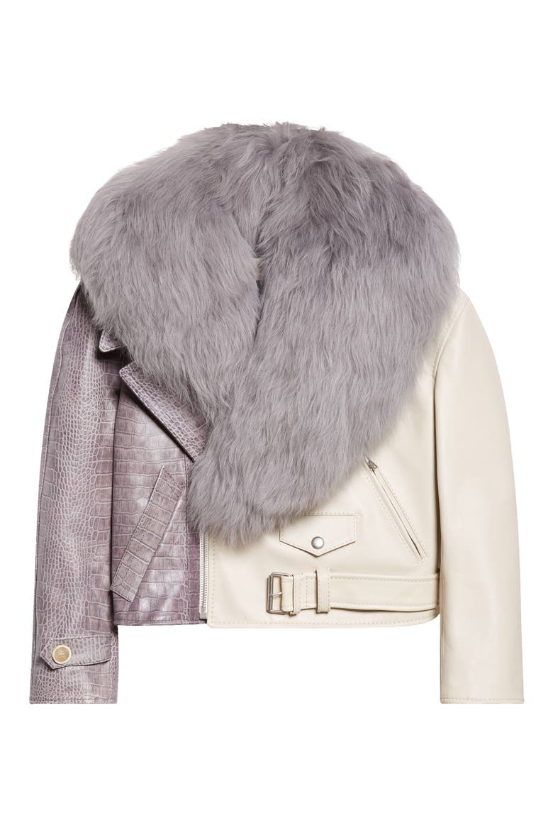 Leather Biker Jacket with Genuine Shearling Collar, Alternate, color, PEARL
