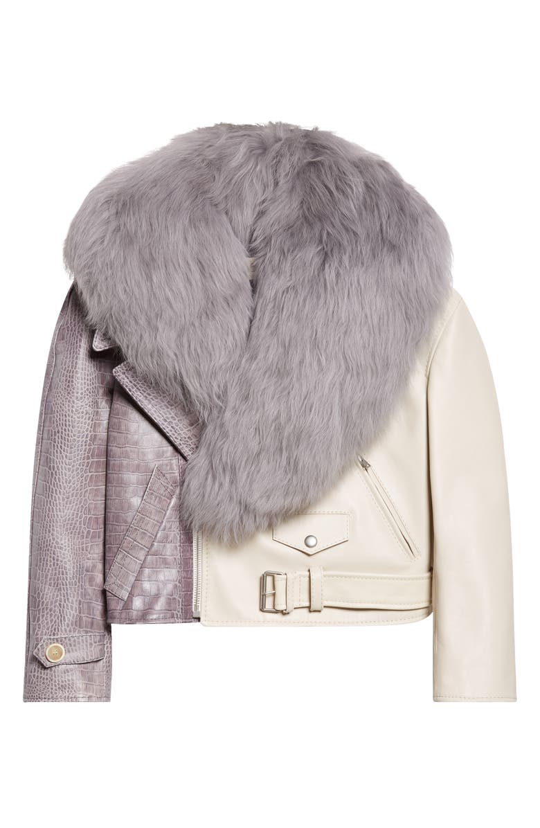 Marni Leather Biker Jacket with Genuine Shearling Collar, Alternate, color, Pearl