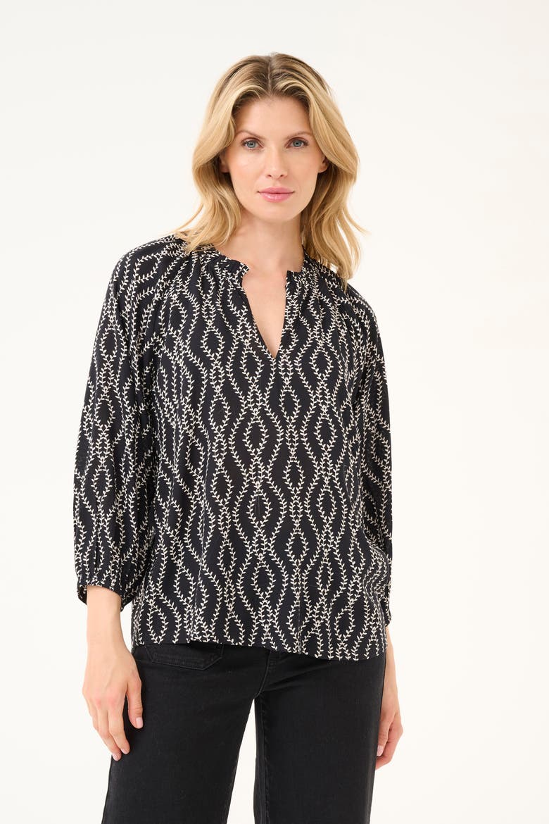 KAsigrid 3/4 Sleeves V-notch Neck Blouse, Main, color, Black/Chalk Print