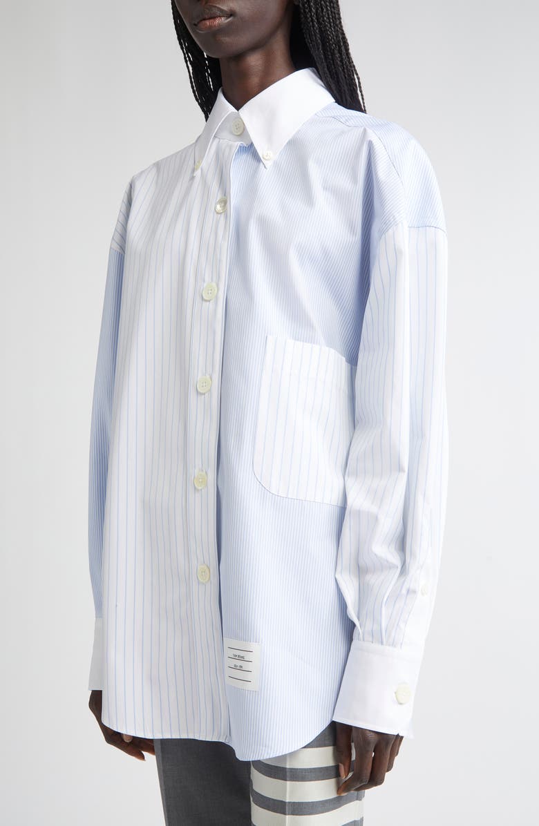 Thom Browne Fin-Mix Stripe Supima<sup>®</sup> Cotton Poplin Button-Down Shirt, Alternate, color, Light Blue