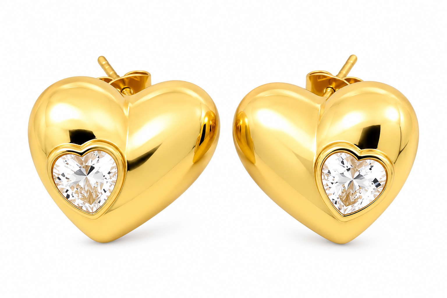 Gemini Jewelry Puffed Heart Stud Earrings With Cubic Zirconia Accent In Gold