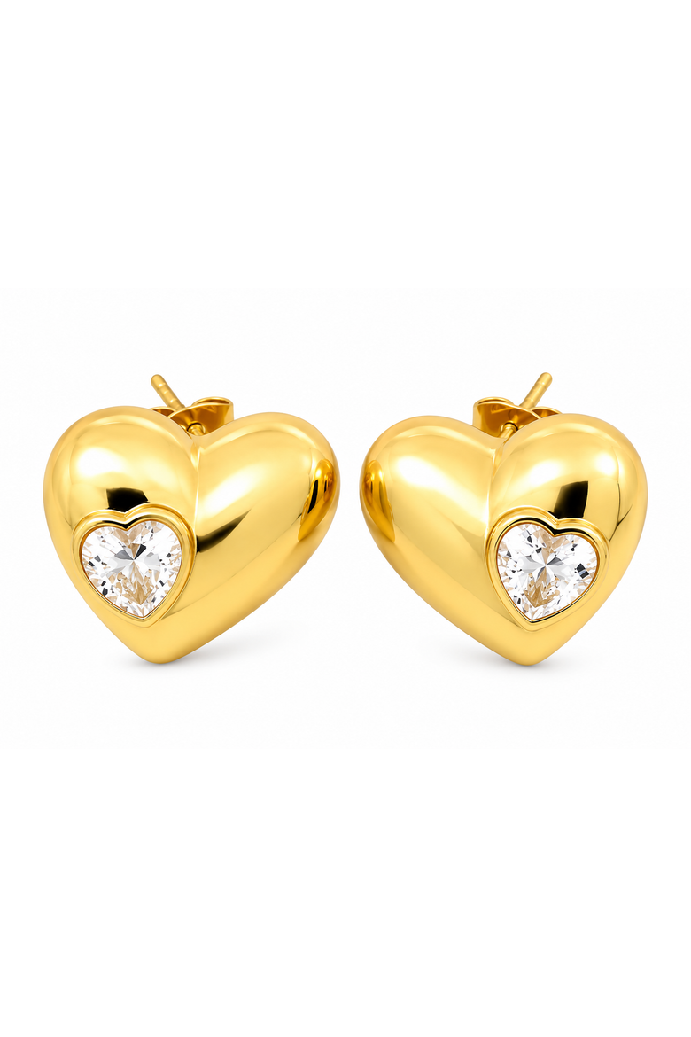 Puffed Heart Stud Earrings with Cubic Zirconia Accent, Main, color, Yellow Gold