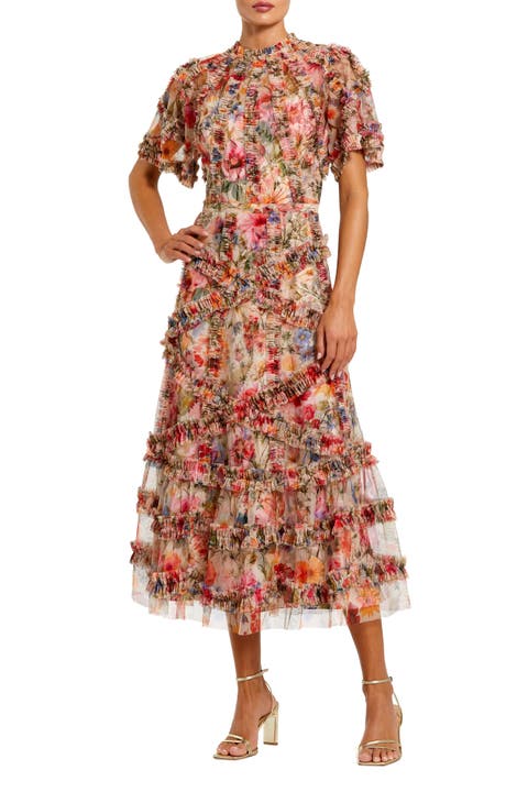Floral Flutter Sleeve Mesh Print Dress