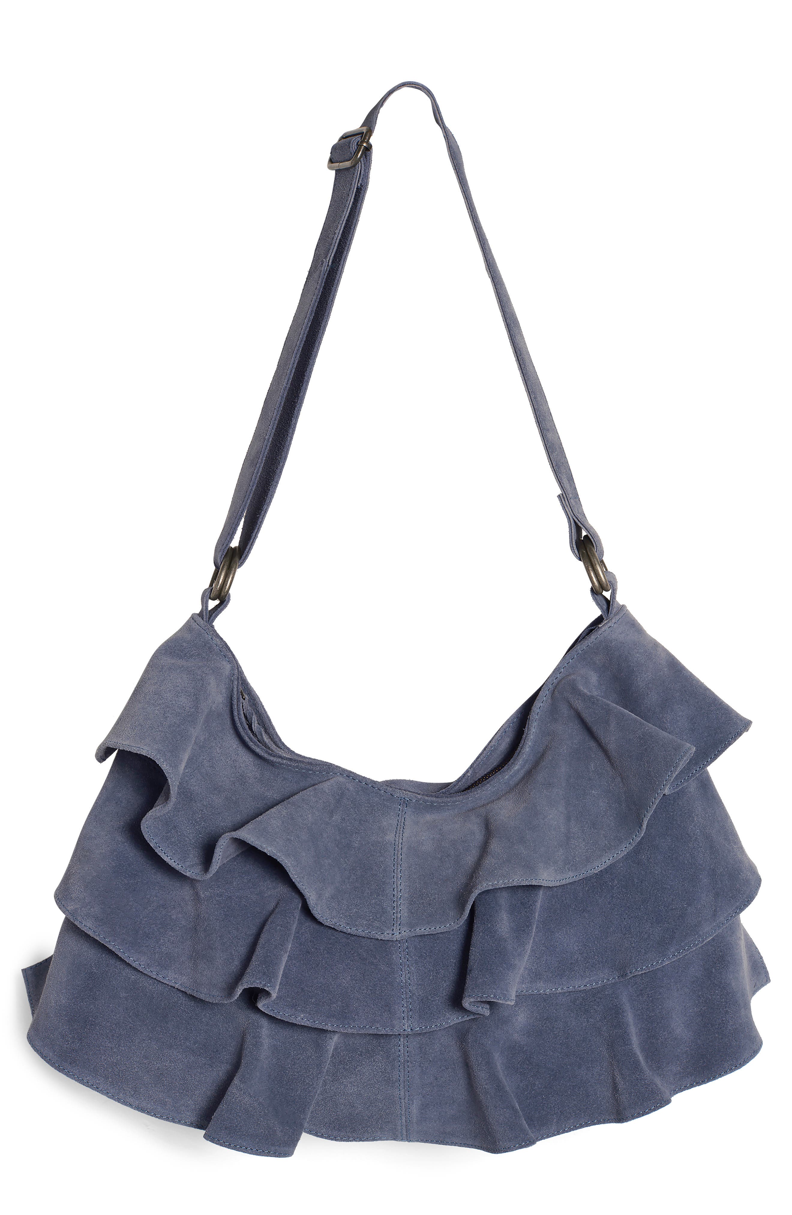 Free People Rae Ruffle Suede Shoulder Bag, Main, color, Slate
