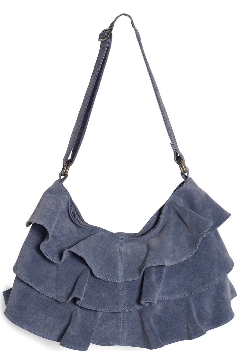 Free People Rae Ruffle Suede Shoulder Bag, Main, color, Slate