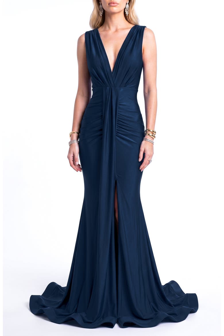 Plunging V-Neck Draped Mermaid Gown, Alternate, color, Navy