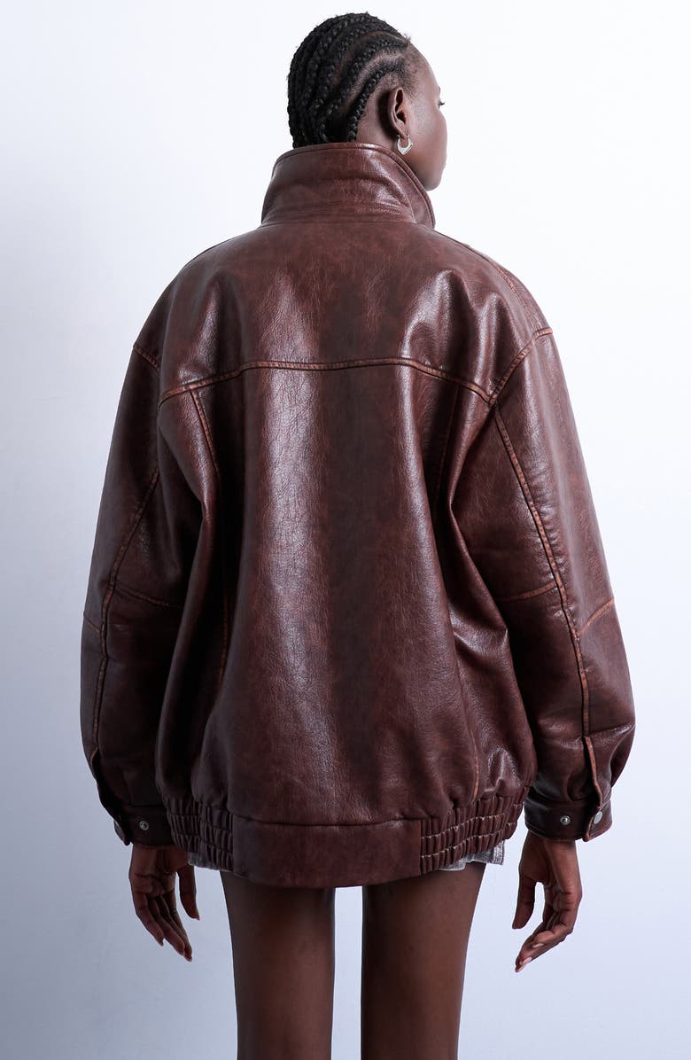 Topshop Oversize Faux Leather Bomber Jacket, Alternate, color, Brown