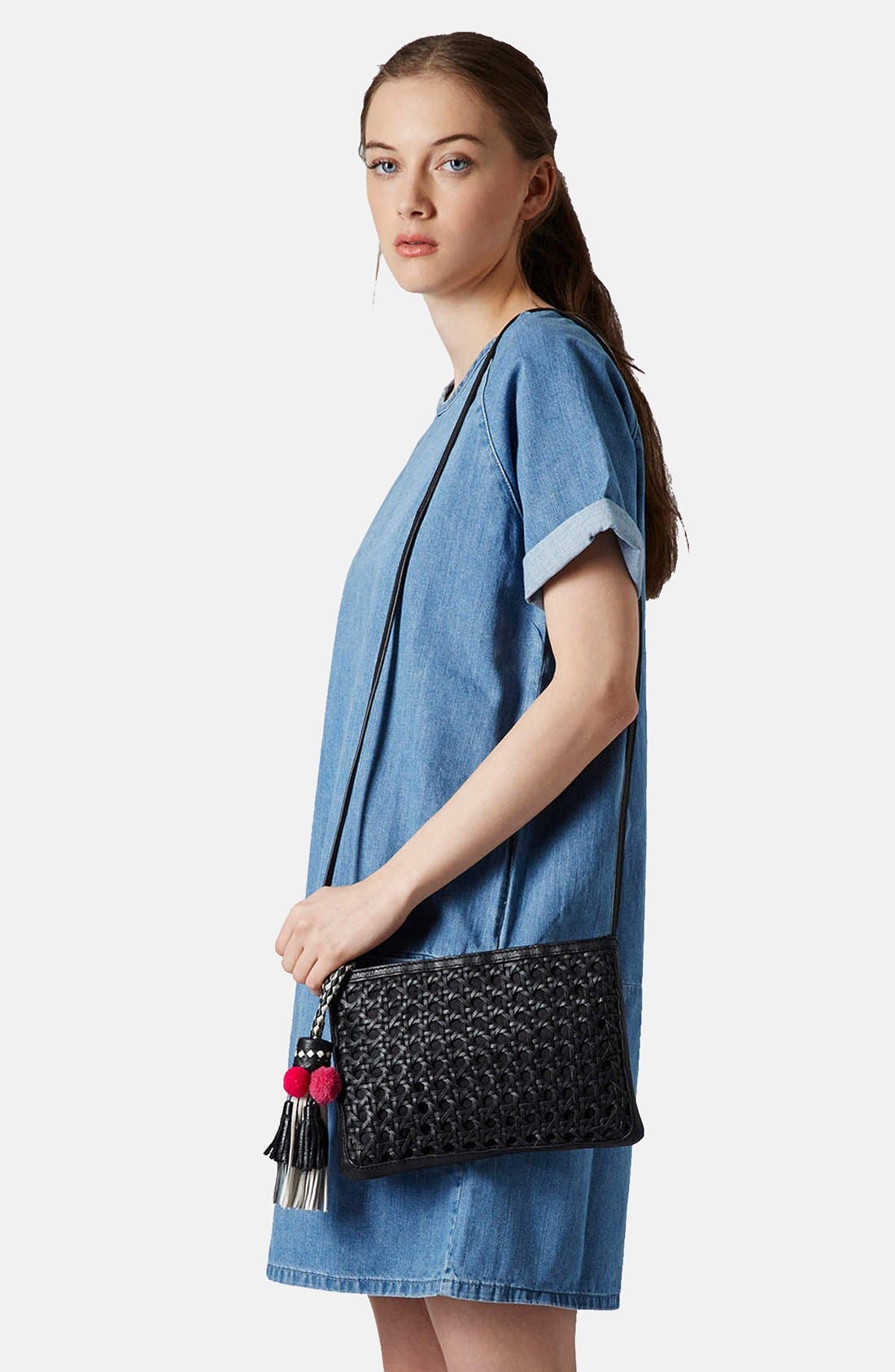Tassel Textured Leather Clutch, Alternate, color, BLACK