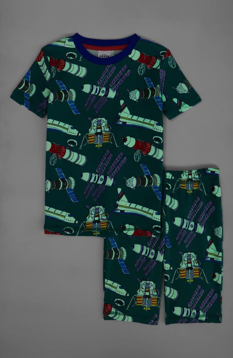Mini Boden Kids' Fitted Satellites Print Glow in the Dark Two-Piece Pajamas, Alternate, color, Green Satellites