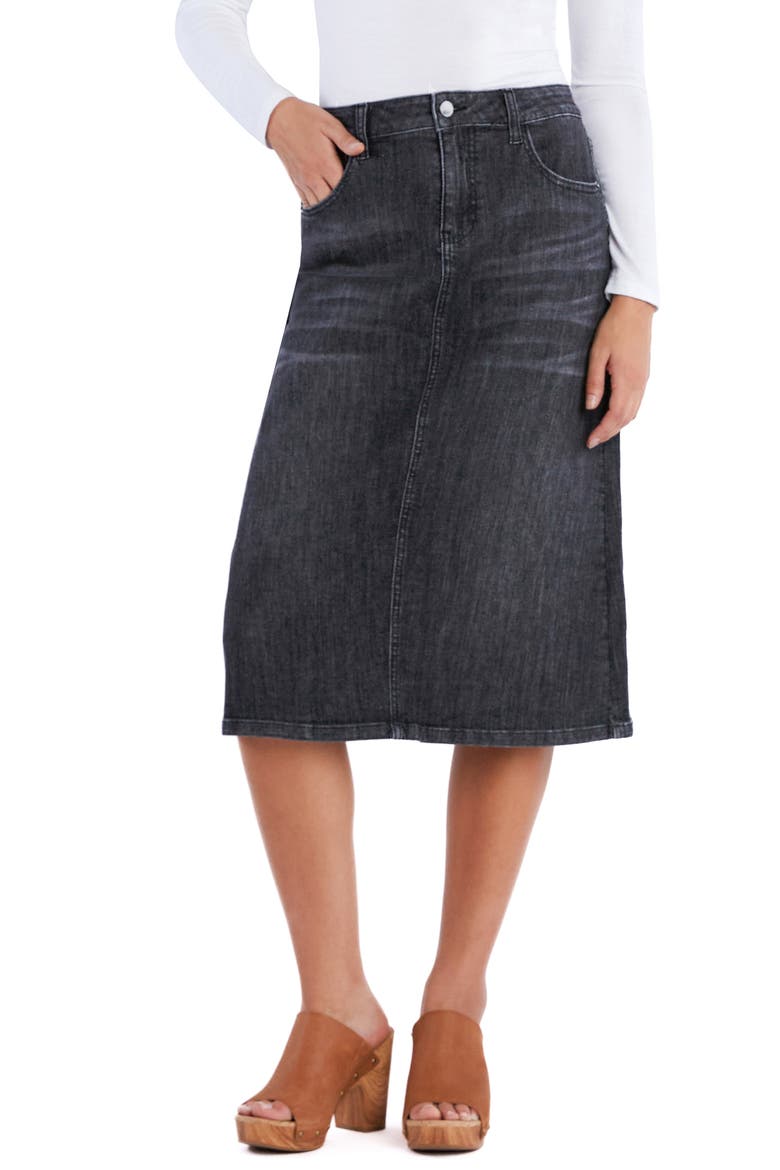 Slick Denim Midi Skirt, Alternate, color, SLICK BLACK