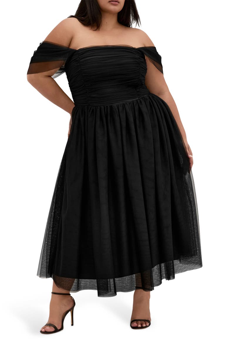 Lulu Off the Shoulder Tulle Midi Dress, Main, color, BLACK