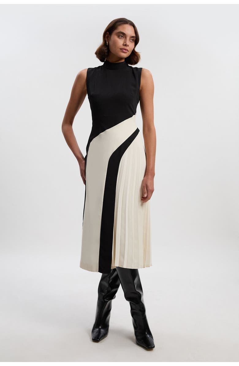 Karen Millen Block High Neck Pleated Midi Dress, Main, color, Mono