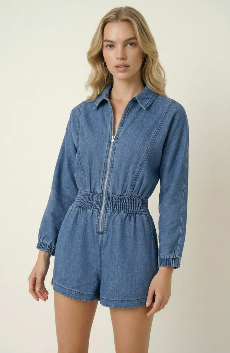 Modenaire Zip Front Romper with Smocked Waist and 3/4 Sleeves, Alternate, color, Blue