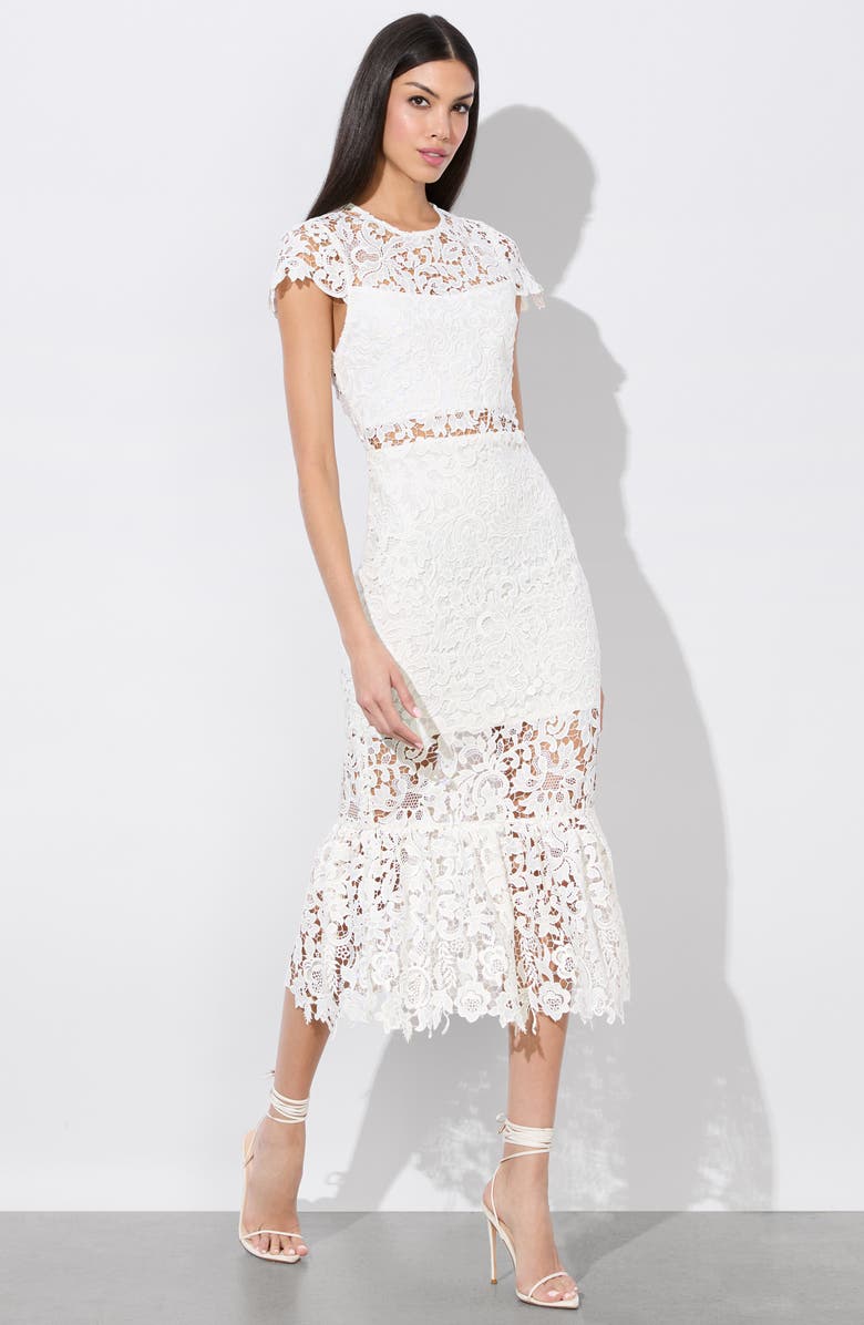 Alice + Olivia Clover Flounce Hem Lace Midi Dress, Alternate, color, Off White