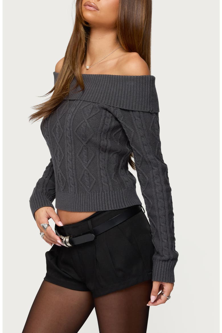Leta Off the Shoulder Cable Stitch Sweater, Alternate, color, DARK-GRAY