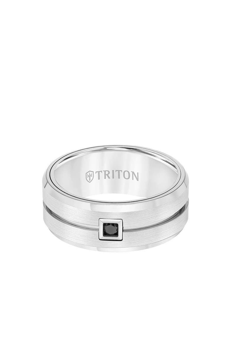 9MM Ring with Single Black Diamond Center and Brushed Center with Bevel Edge, Alternate, color, Metallic Silver