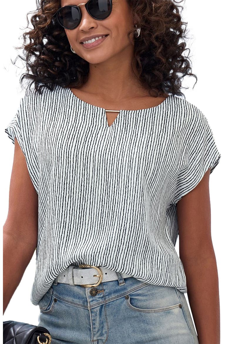 Keyhole Striped Blouse, Main, color, White & Black