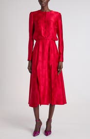 Valentino Garavani Mossi Polka Dot Jacquard Long Sleeve Silk Midi Dress