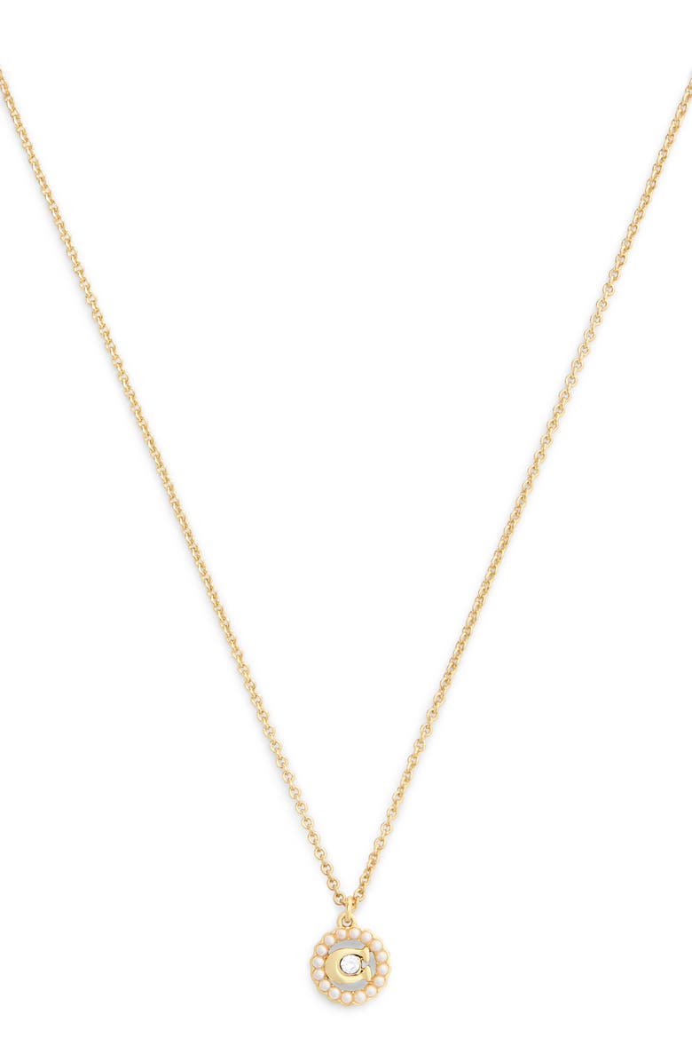 COACH Faux Pearl Logo Pendant Necklace, Main, color, Pearl/ Gold