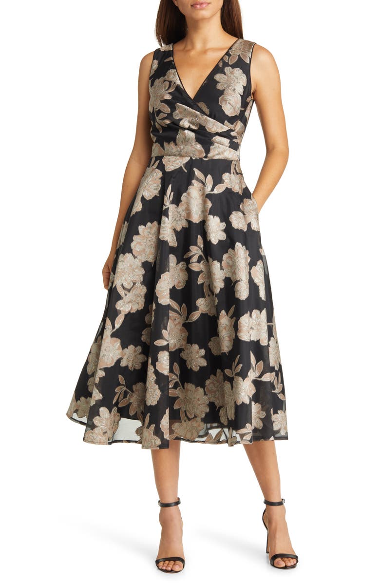 Eliza J Beaded Floral Jacquard Wrap Front Midi Dress, Main, color,