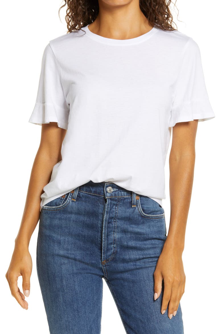 Ruffle Cuff T-Shirt, Main, color, WHITE