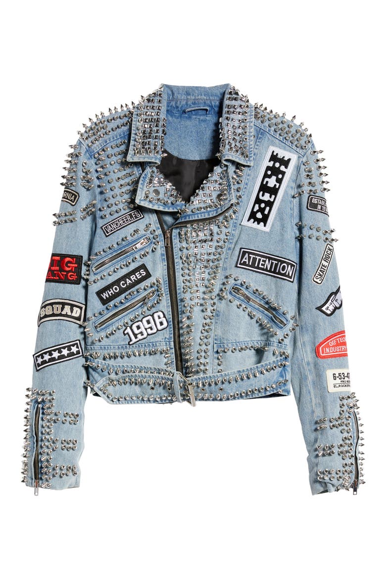 Spike Patch Embellished Belted Denim Moto Jacket, Alternate, color, BLUE