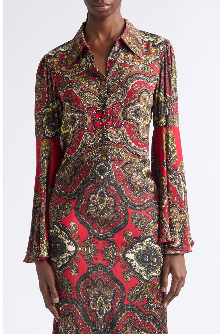 Willa Fitted Button Up Top with Bell Sleeves, Main, color, BON VOYAGE HIBISCUS MULTI