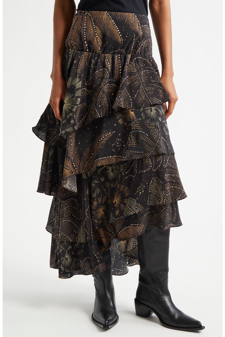 Golden Foliage Layered Ruffle Maxi Skirt, Alternate, color, GOLDEN FOLIAGE BLACK