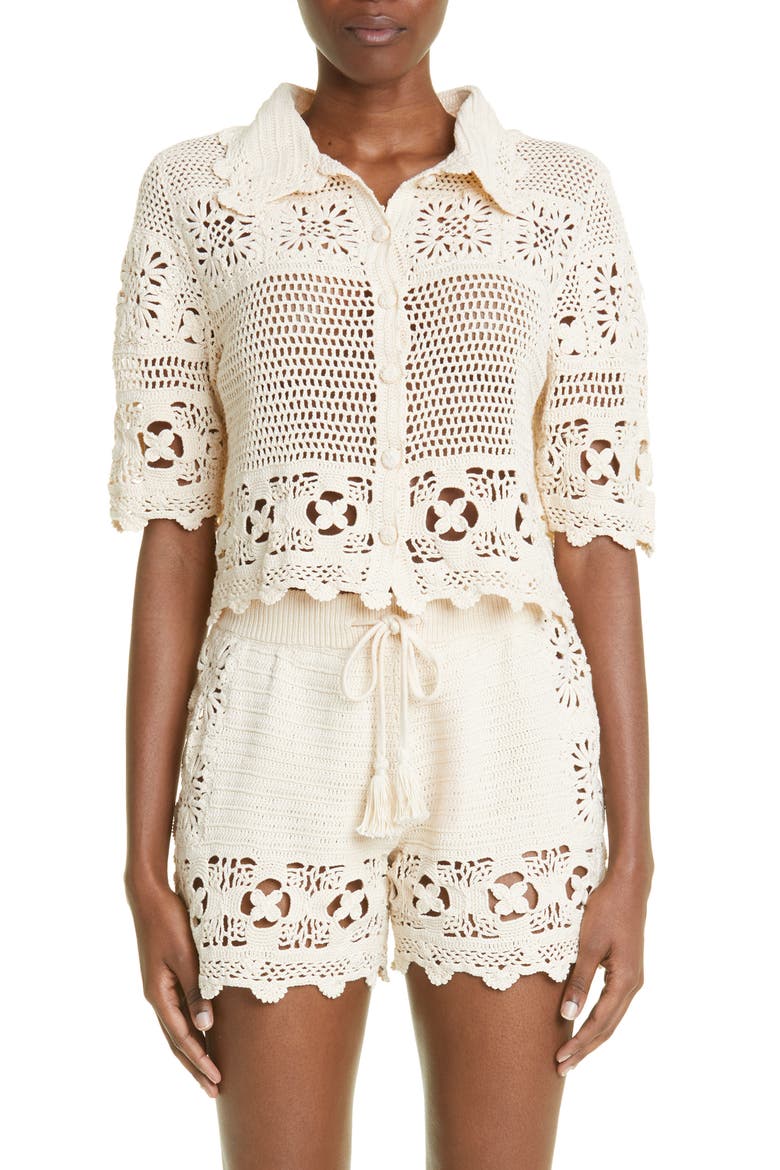Cotton Crochet Crop Button-Up Shirt, Main, color, NATURAL