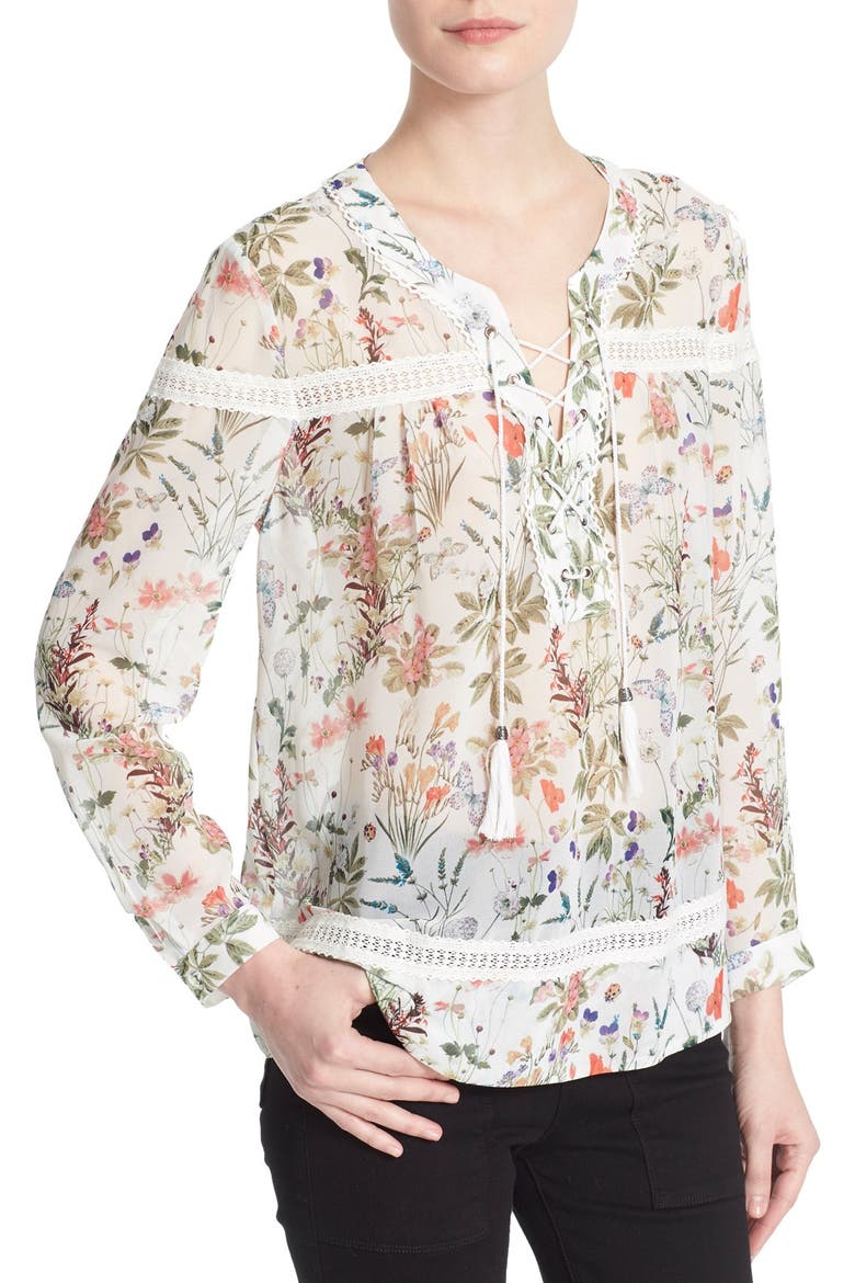 Lace Trim Botanic Print Chiffon Top, Alternate, color, WHITE