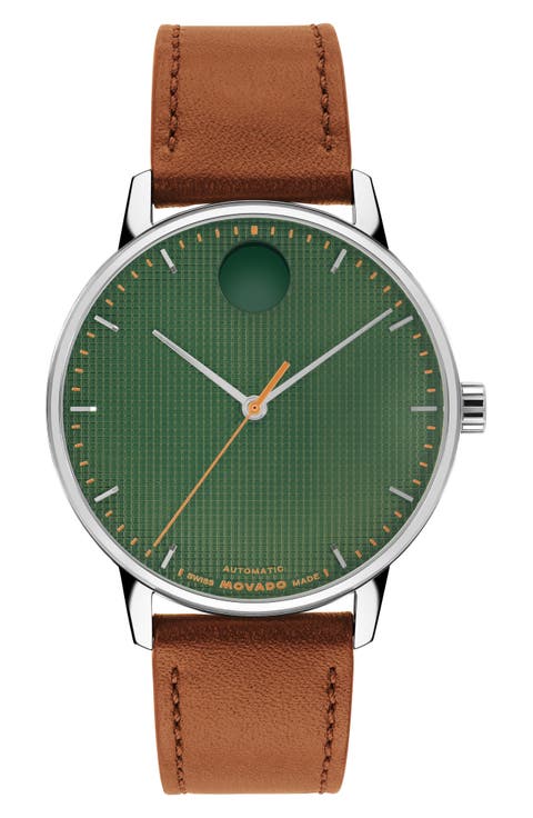Face Automatic Leather Strap Watch, 39mm