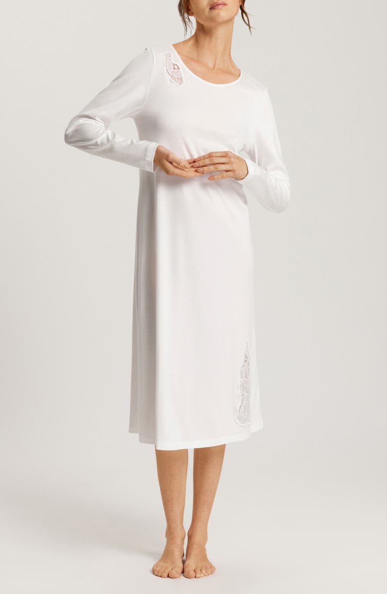Hanro Anne Lace Trim Long Sleeve Cotton Nightgown, Main, color, 